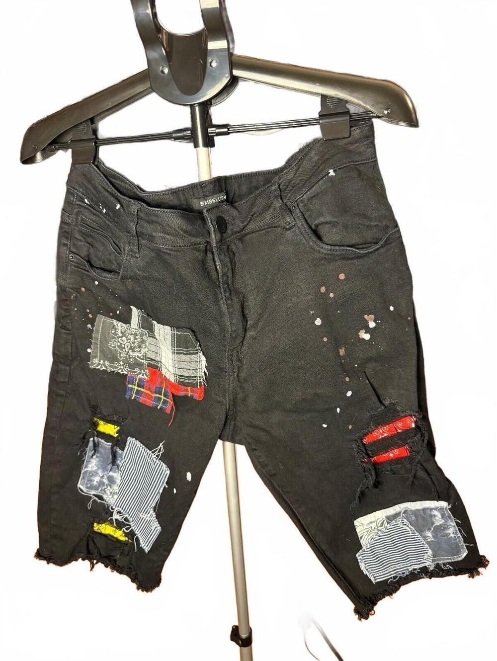 Embellish sz 38 Black Distressed Patchwork Denim Shorts w Paint Splatter